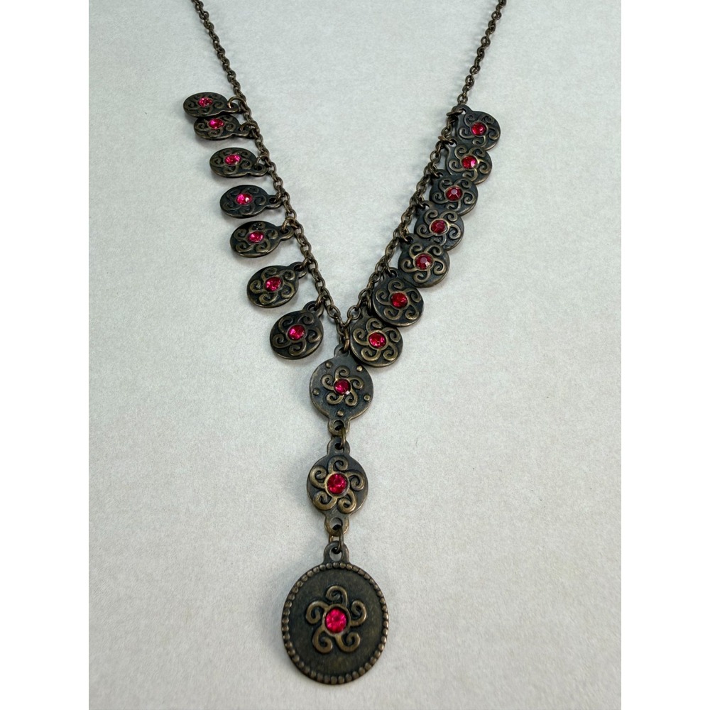 Vintage Boho Red Rhinestone Coin Dangle Necklace Antique Gold Tone Statement
